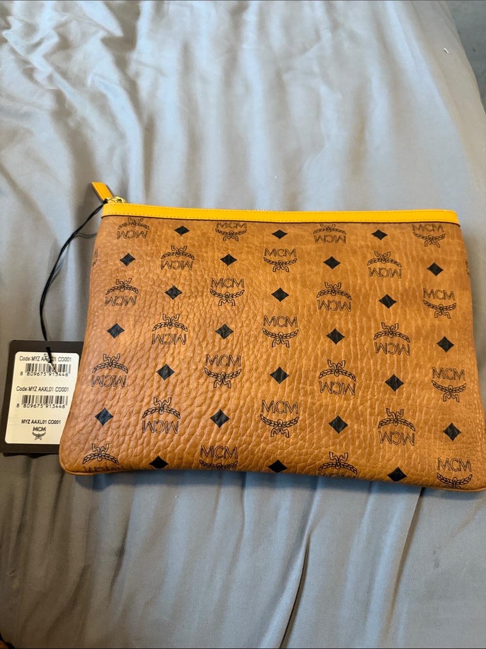 MCM Cognac Visetos Pouch with Yellow Zip